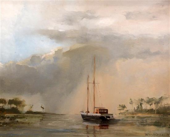 Richard Ewen, oil on canvas, Schooner at anchor, signed and dated 78 60 x 75cm